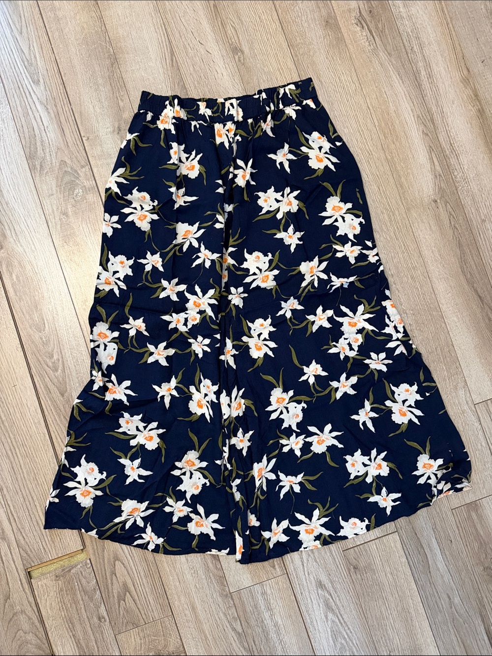 Navy Floral Maxi Skirt - White & Orange Flower Print